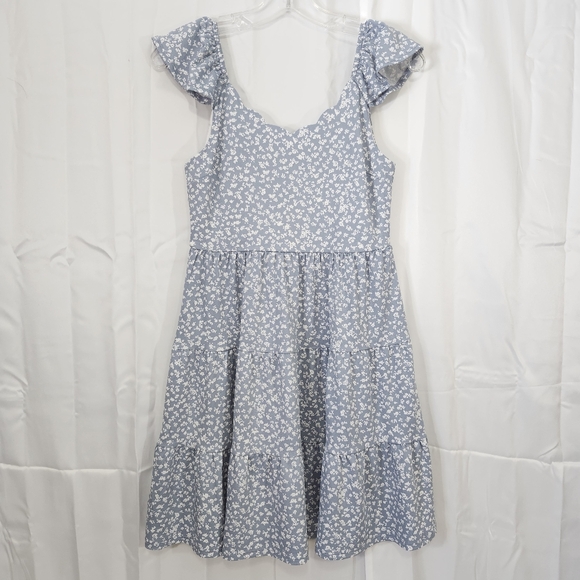 Monteau Size Small Floral Blue Dress with Ruffle Sleeves - Picture 1 of 6